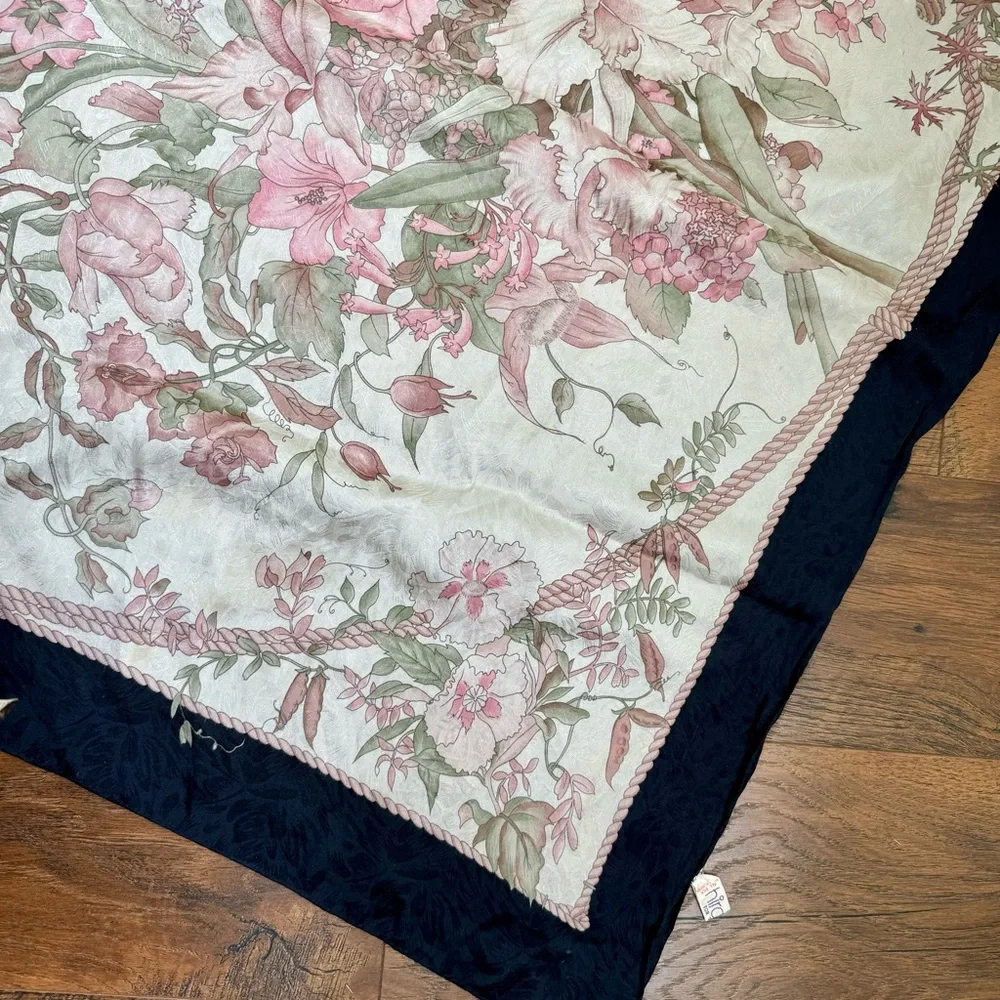 Hiroko for Dozo Cream / Pink Floral  Black Trim Silk Scarf